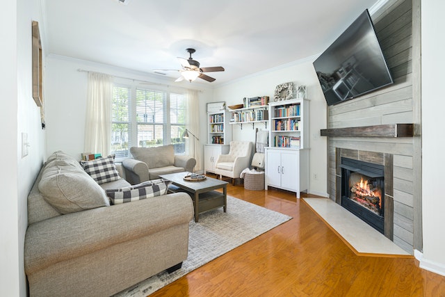 living room with fire place heater